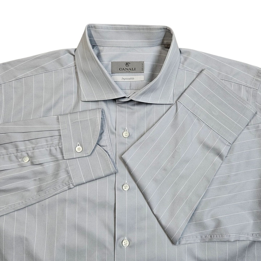 Canali‎ Impeccabile Mens Grey Pinstripe Dress Shirt 43-17 Made in Italy Cotton